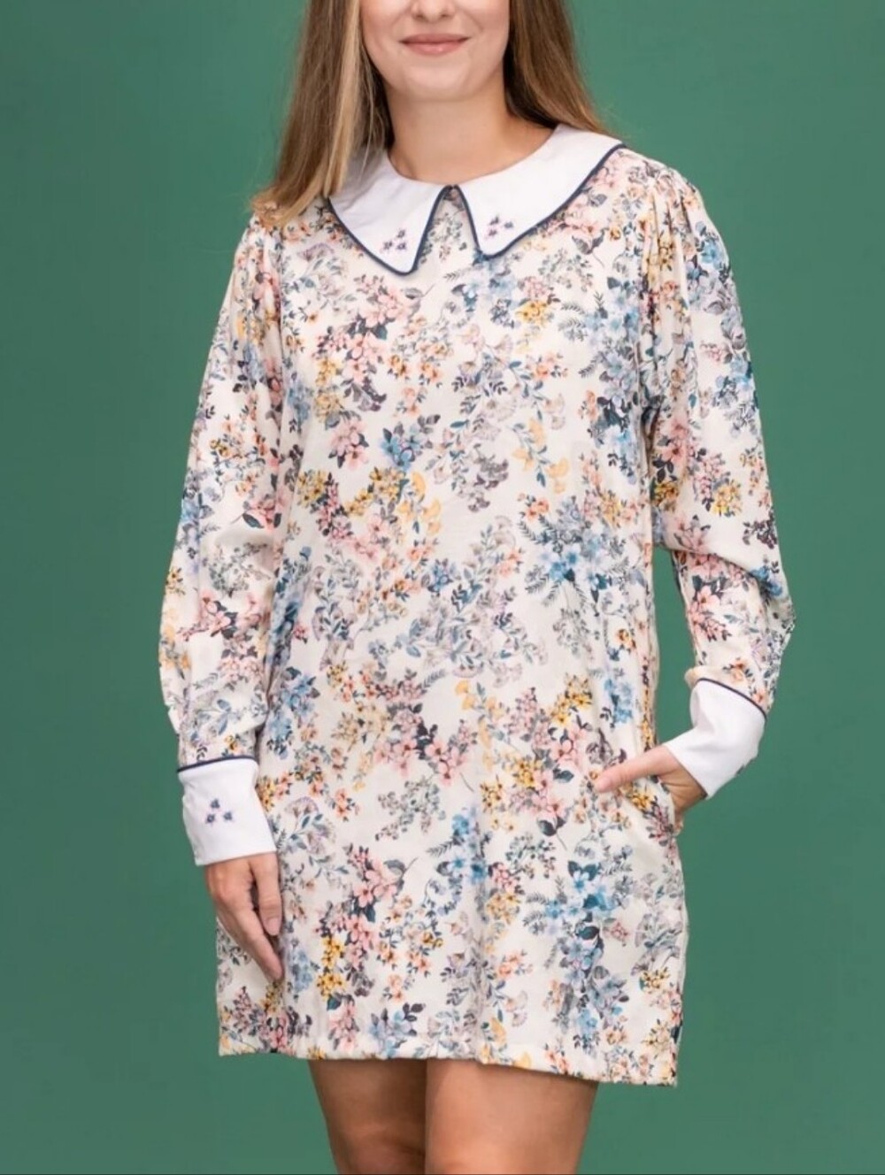 Dondolo Floral Print Peter Pan Collar Long Sleeve Dress - Cream